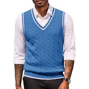 Coofandy Men Blue Fitted V Neck Sleeveless Knitted Pullovers Sweater Vest